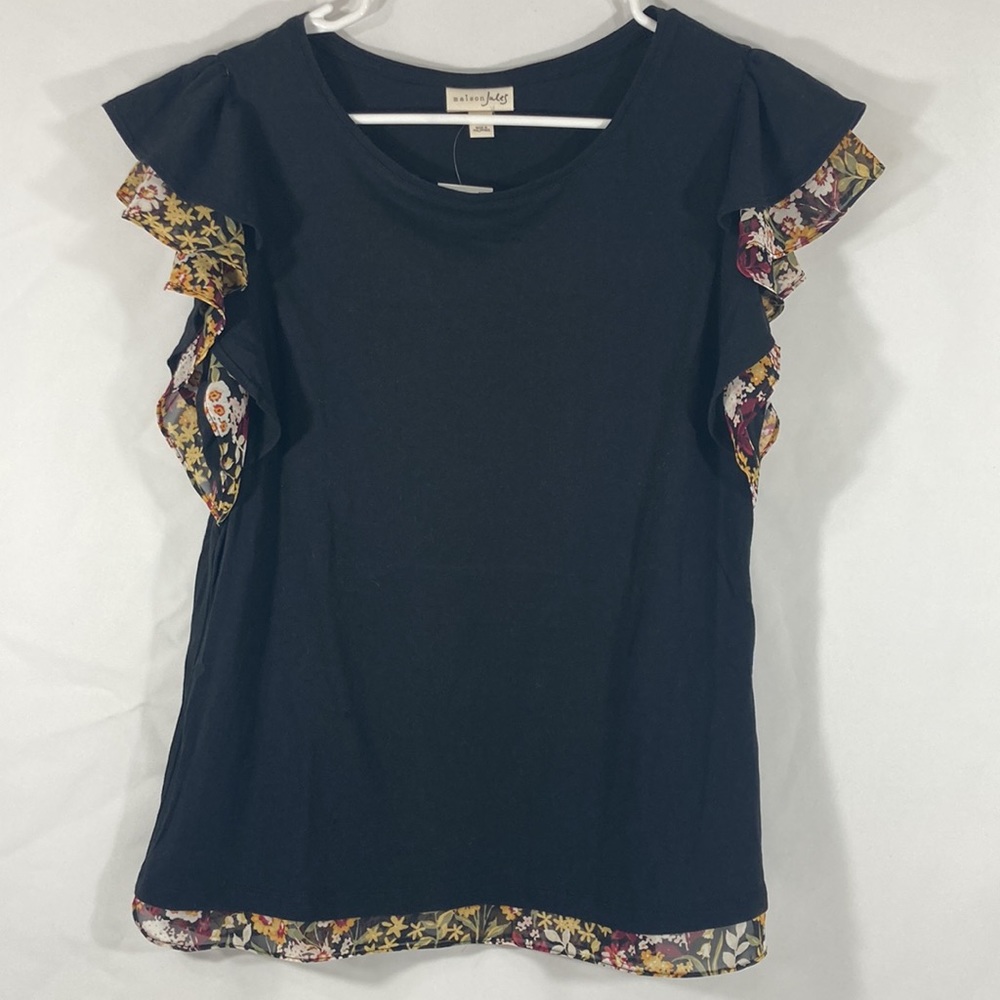 NWT Nordstroms. Short sleeve black shirt with flowered trim on the sleeves
